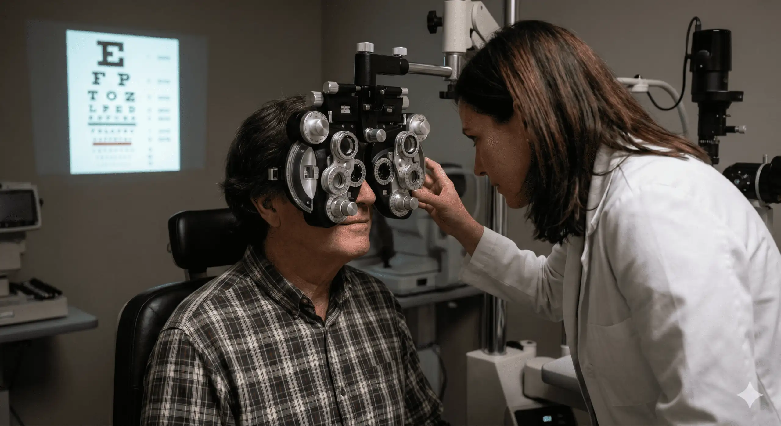 62-year-old man without gray hair receiving routine eye examination at eye doctor
